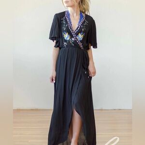 Lovestitch NWT Ibiza Black Floral Embroidered Short Sleeve Maxi Dress
